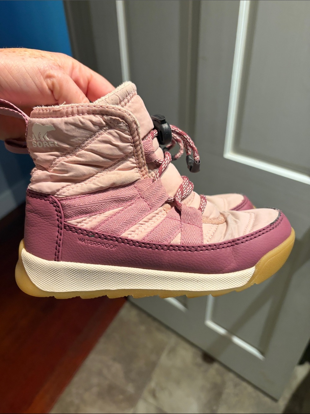 Sorel Kids Two-Tone Pink Waterproof Snow Boot with Tan Sole